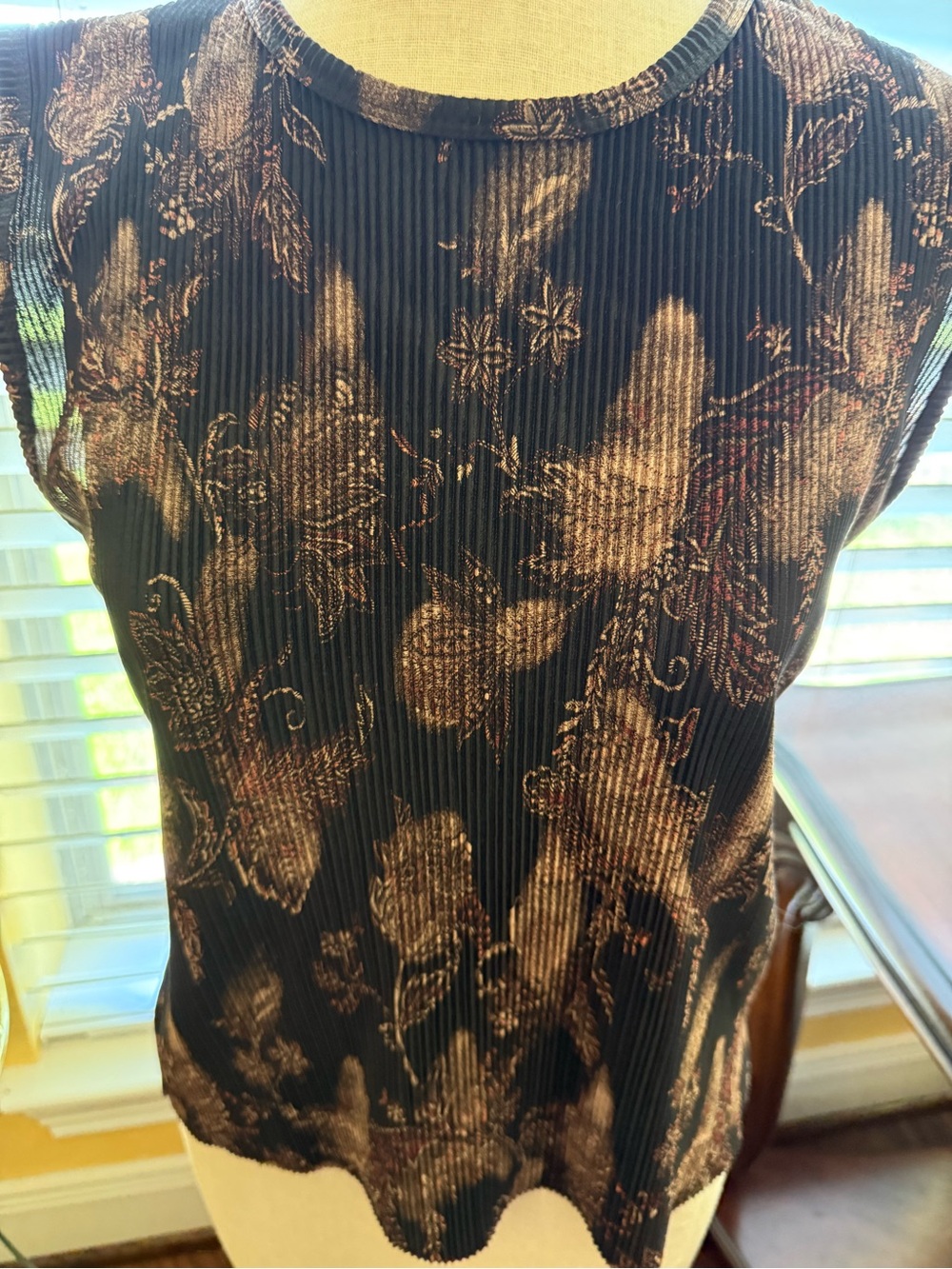 Vintage Plisse Black Floral Pleated Shell Top with Metallic Bronze Print
